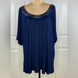 Design History Navy Blue Blouse with Embellished Neckline